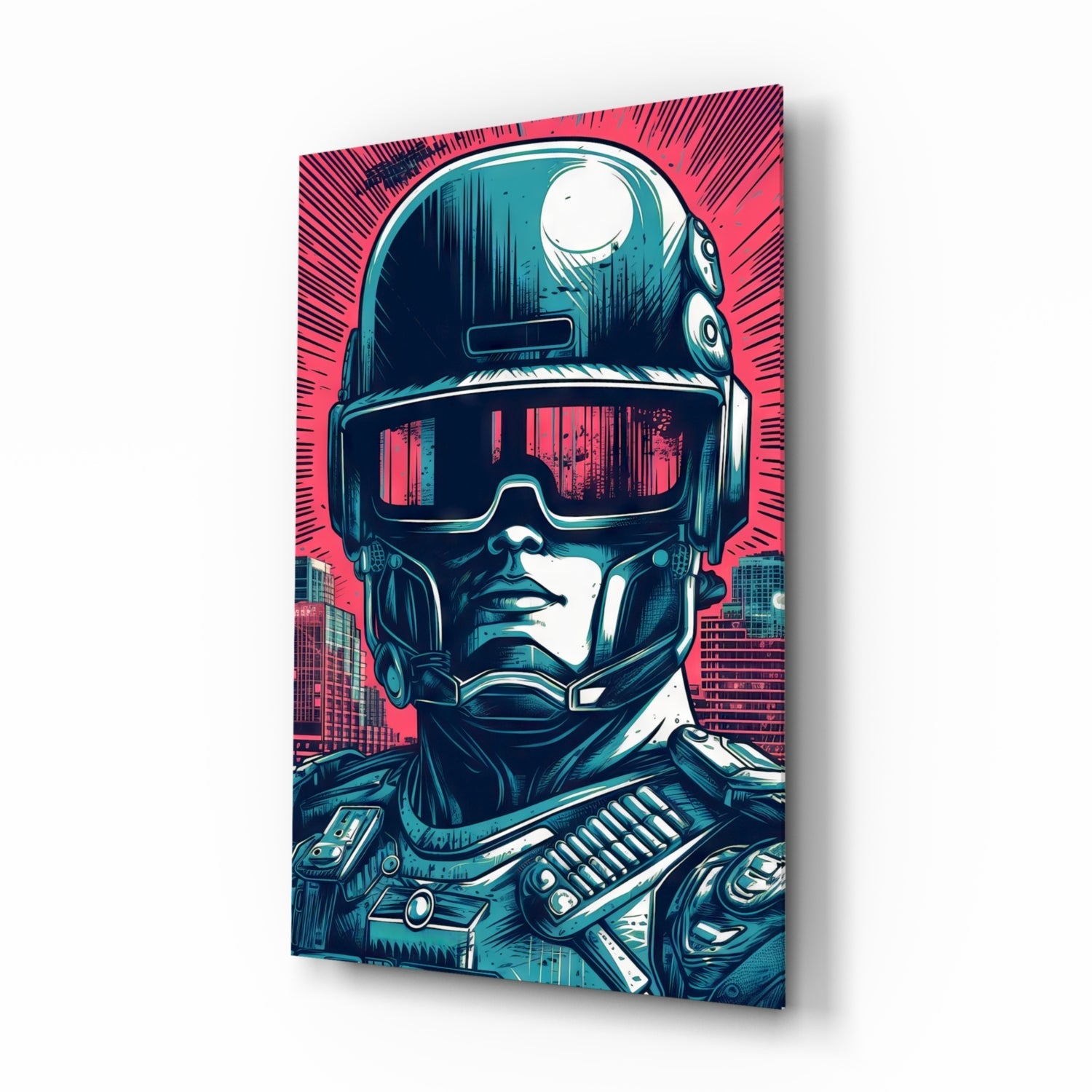 Futuristic cyberpunk robot head with glowing red visor and teal accents on glass wall art panel against pink cityscape background.