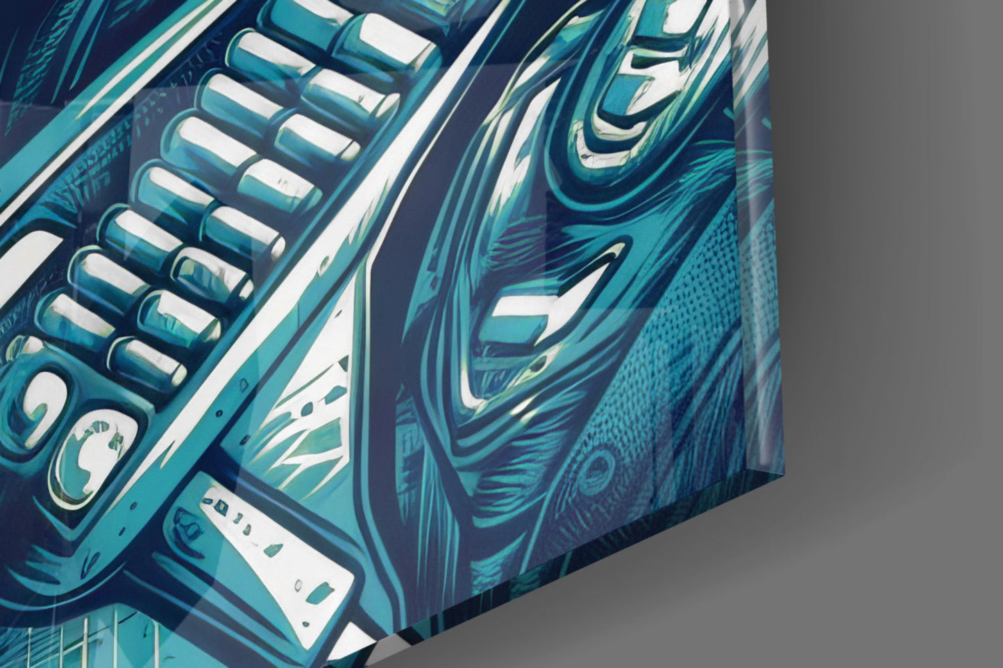 Close-up angled view of turquoise glass wall art panel with white buttons and swirling blue gradient design details.