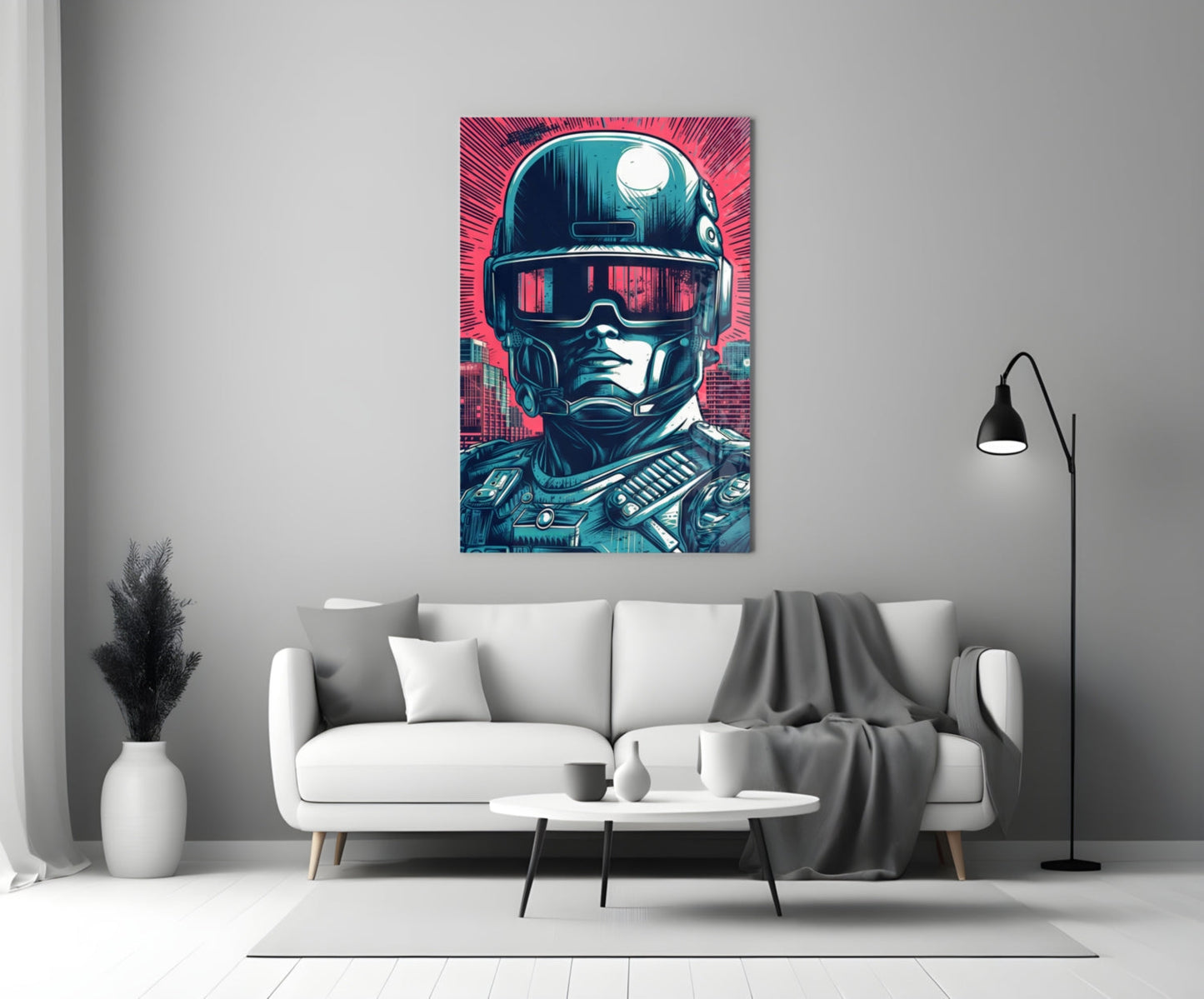 Futuristic cyberpunk soldier portrait with neon pink and teal colors displayed above white sofa in modern living room.