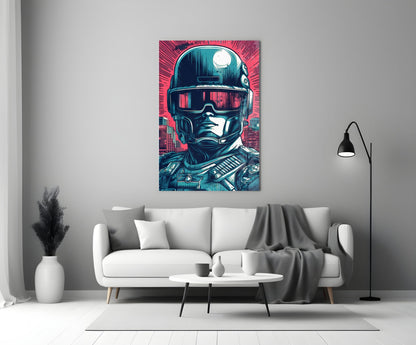 Futuristic cyberpunk soldier portrait with neon pink and teal colors displayed above white sofa in modern living room.