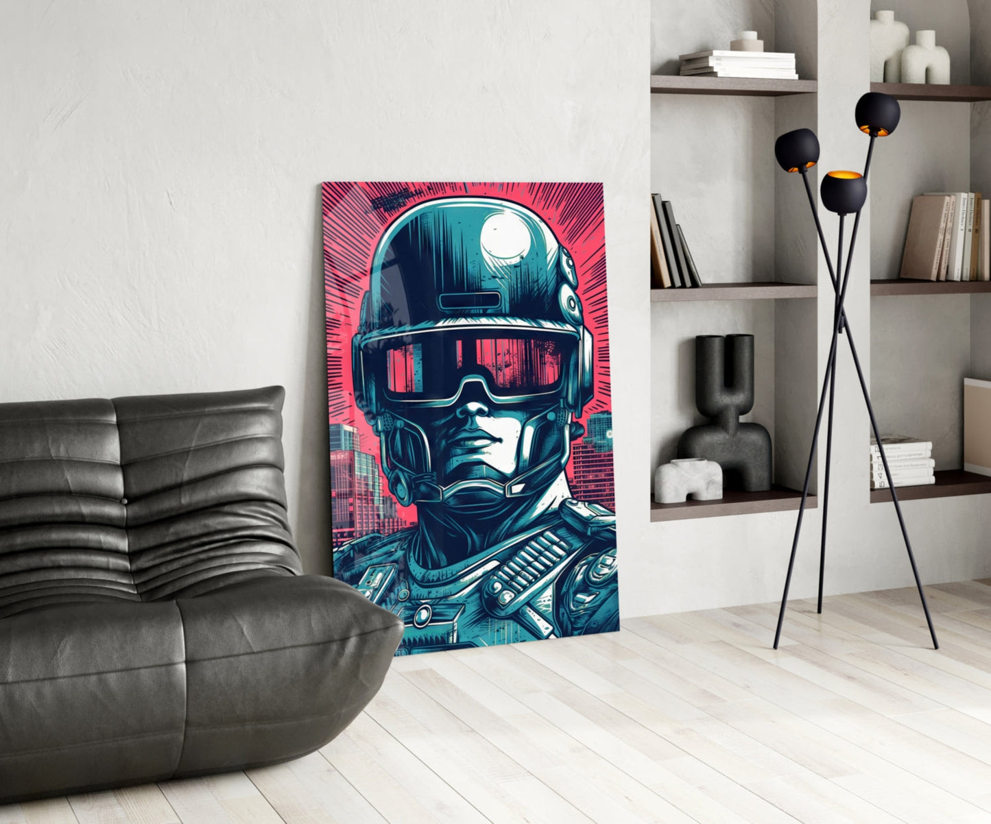 Futuristic cyborg portrait with neon pink and teal colors displayed on glass wall art in modern living room with gray sofa and shelving.