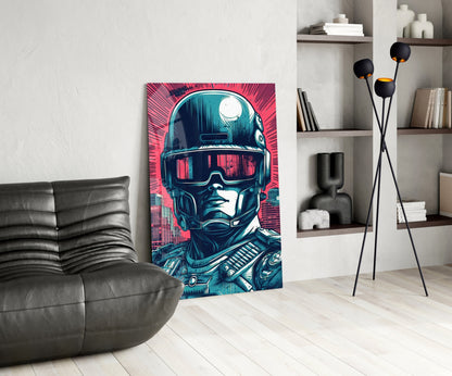 Futuristic cyborg portrait with neon pink and teal colors displayed on glass wall art in modern living room with gray sofa and shelving.