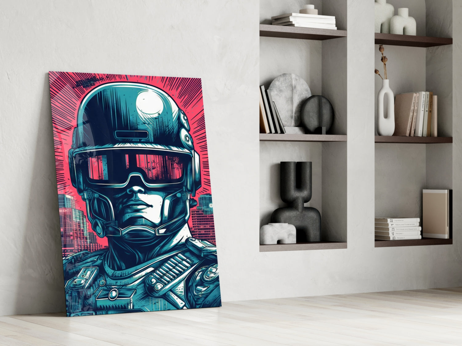 Futuristic cyborg portrait with neon pink and teal colors leaning against white wall beside shelving unit.
