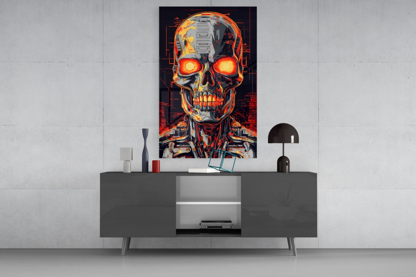 Glowing Eyes Metal Skull Glass Wall Art