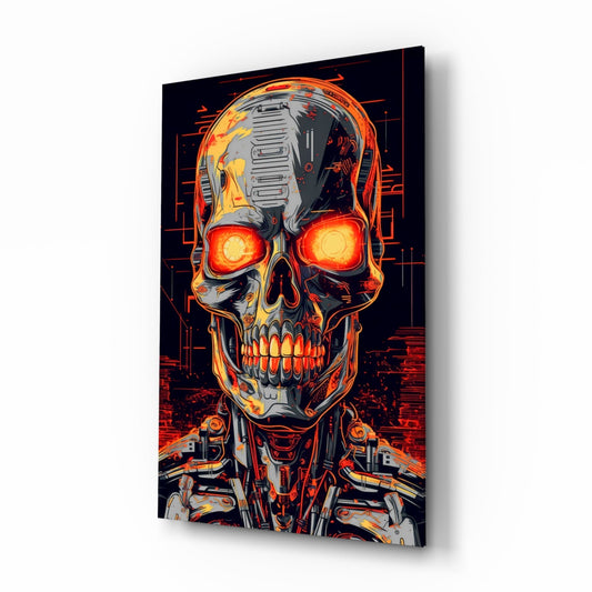 Angled side view of a glass wall art depicting a glowing red-eyed mechanical skull with orange and yellow accents on black background.