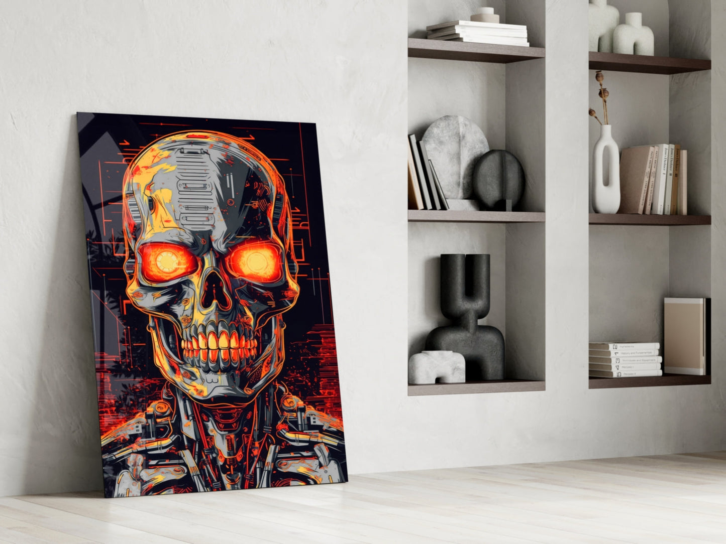 Glowing Eyes Metal Skull Glass Wall Art