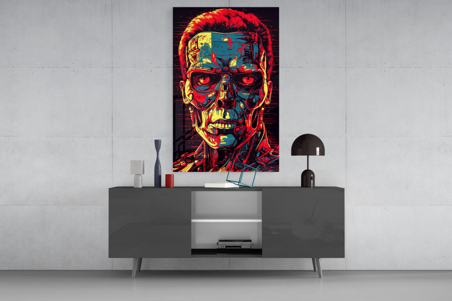 Red And Yellow Pop Cyborg Face Glass Wall Art