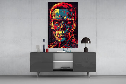 Red And Yellow Pop Cyborg Face Glass Wall Art