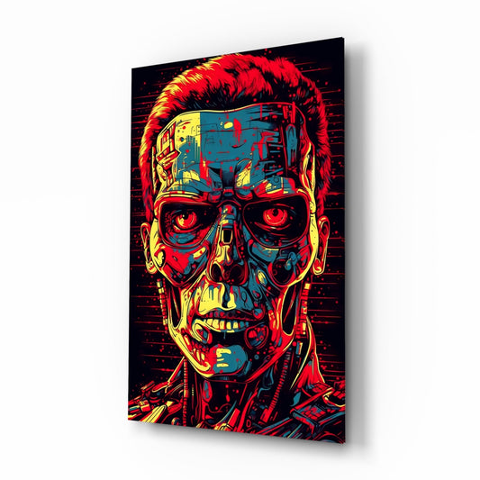 Angled view of a glass wall art panel displaying a red and yellow cybernetic skull with glowing eyes against black background.