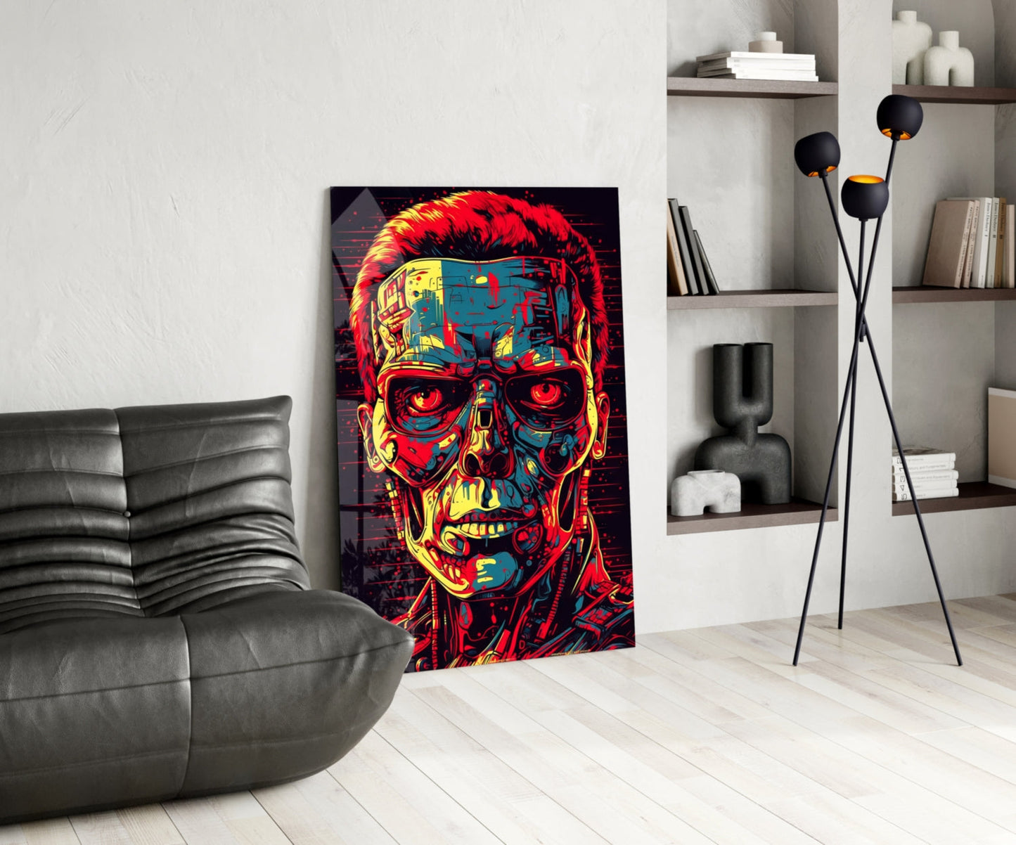 Red And Yellow Pop Cyborg Face Glass Wall Art