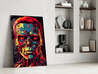 Red And Yellow Pop Cyborg Face Glass Wall Art