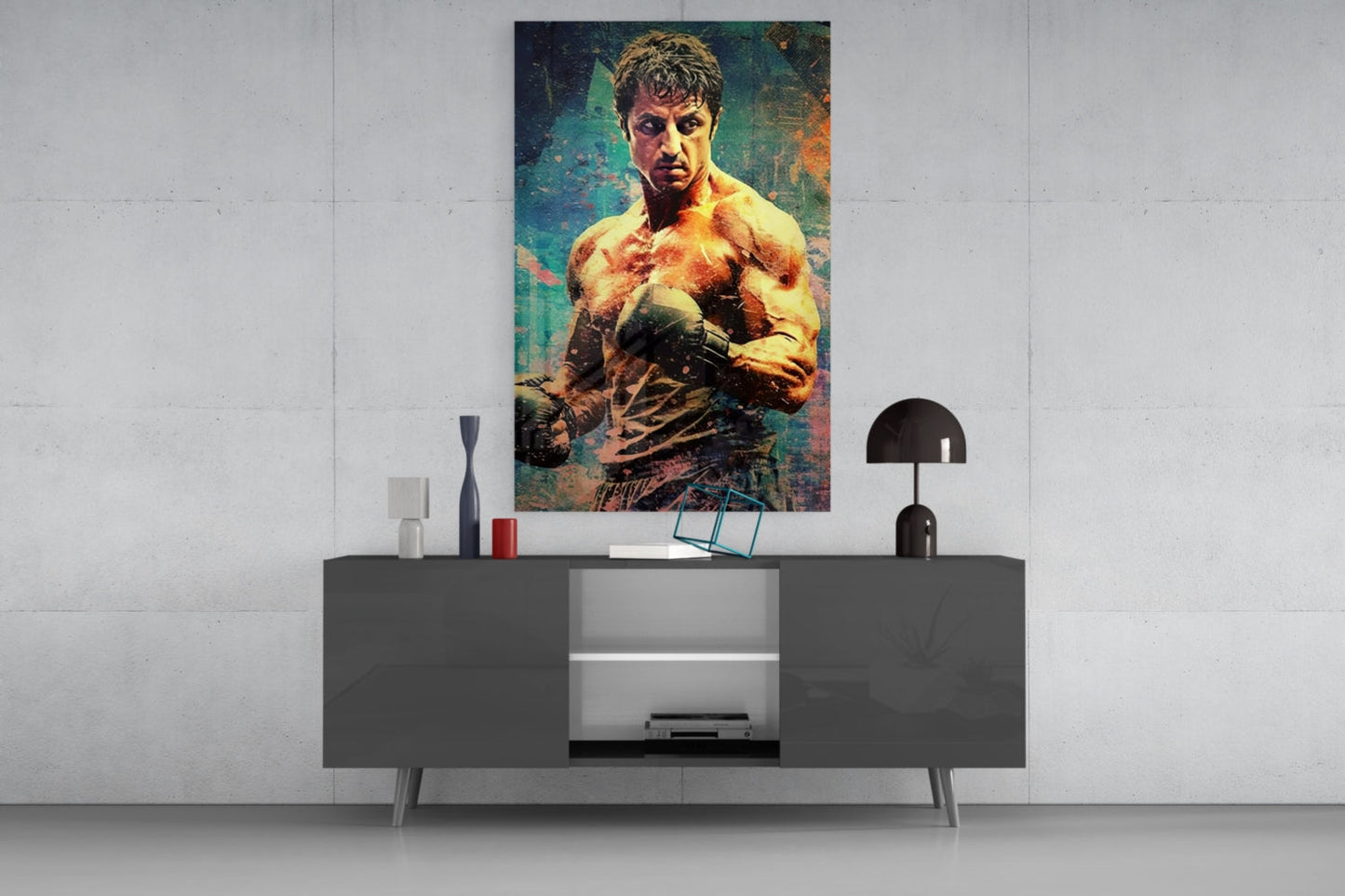 Teal Grunge Wall Boxer Fighter Glass Wall Art