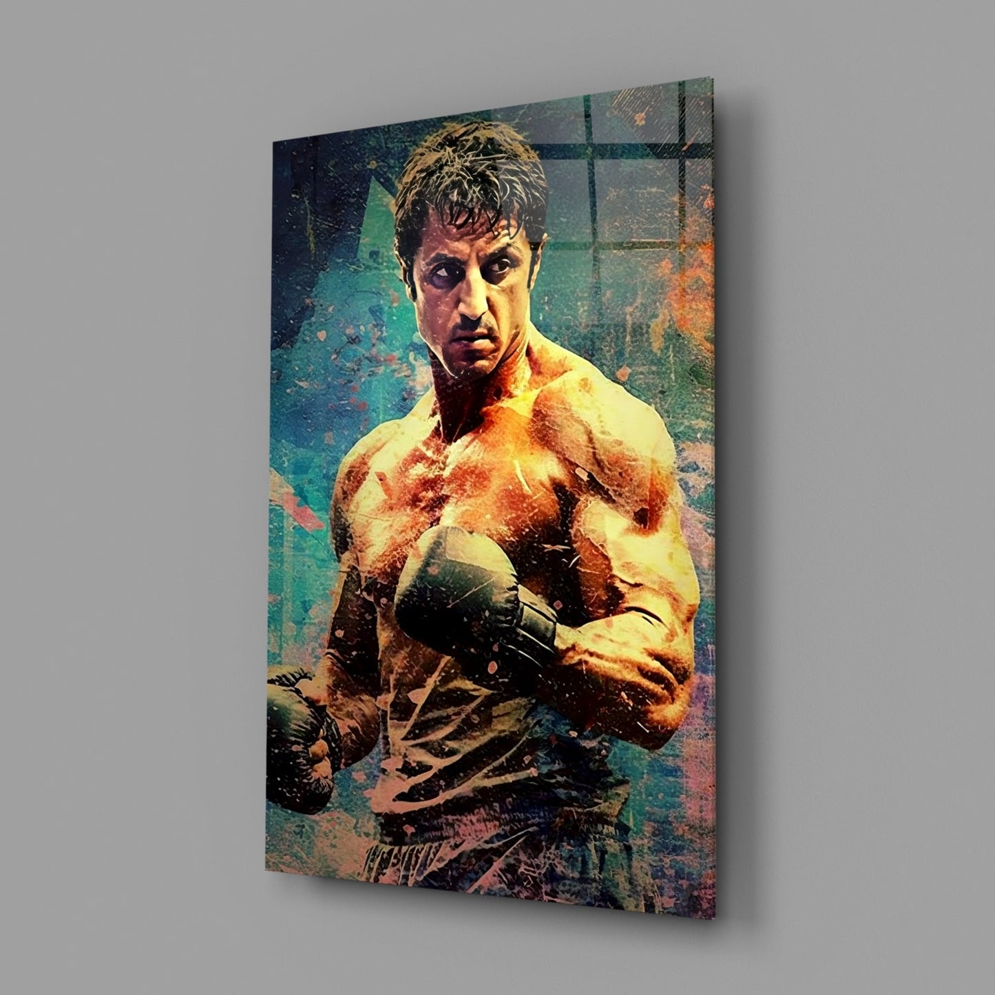 Teal Grunge Wall Boxer Fighter Glass Wall Art