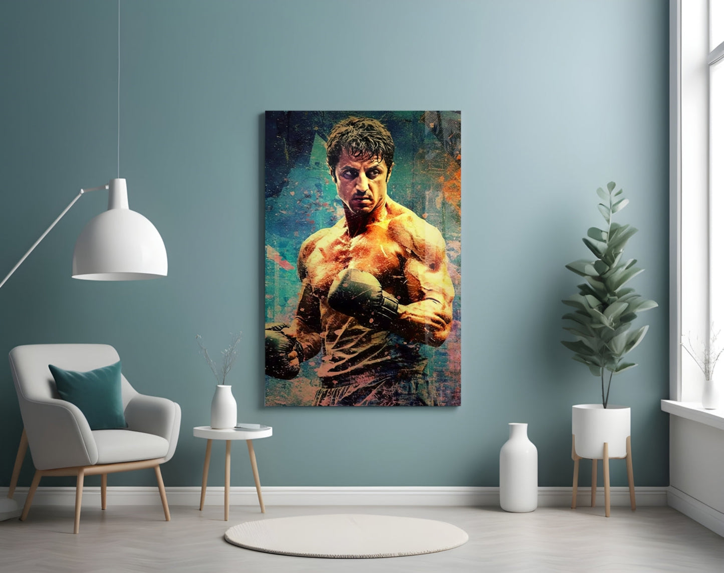 Teal Grunge Wall Boxer Fighter Glass Wall Art