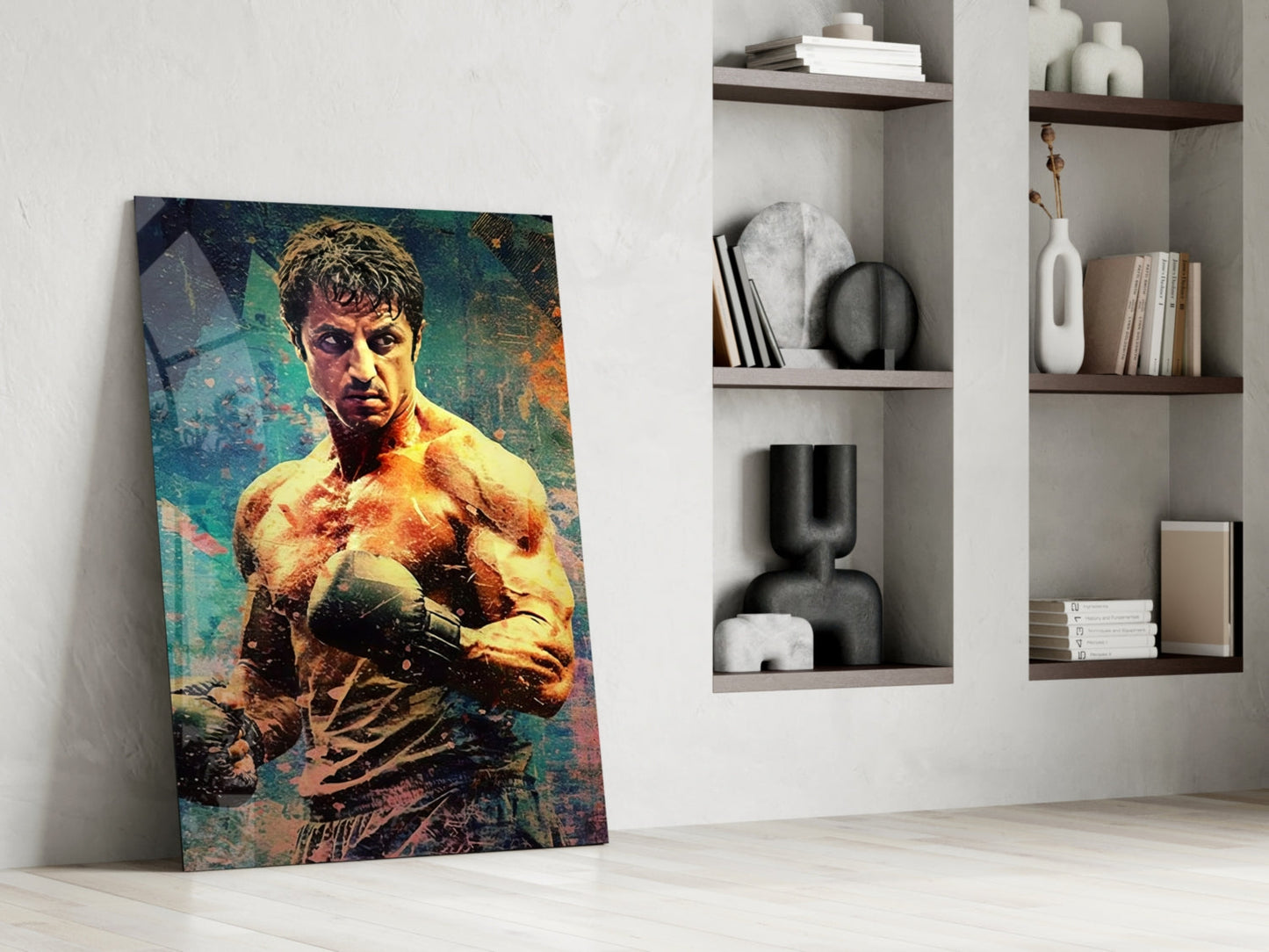 Teal Grunge Wall Boxer Fighter Glass Wall Art