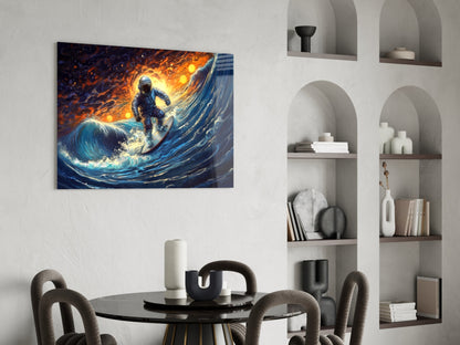 Vibrant glass wall art depicting an astronaut surfing on a luminous blue wave against an orange and gold sky, displayed above a round dining table in a modern interior.