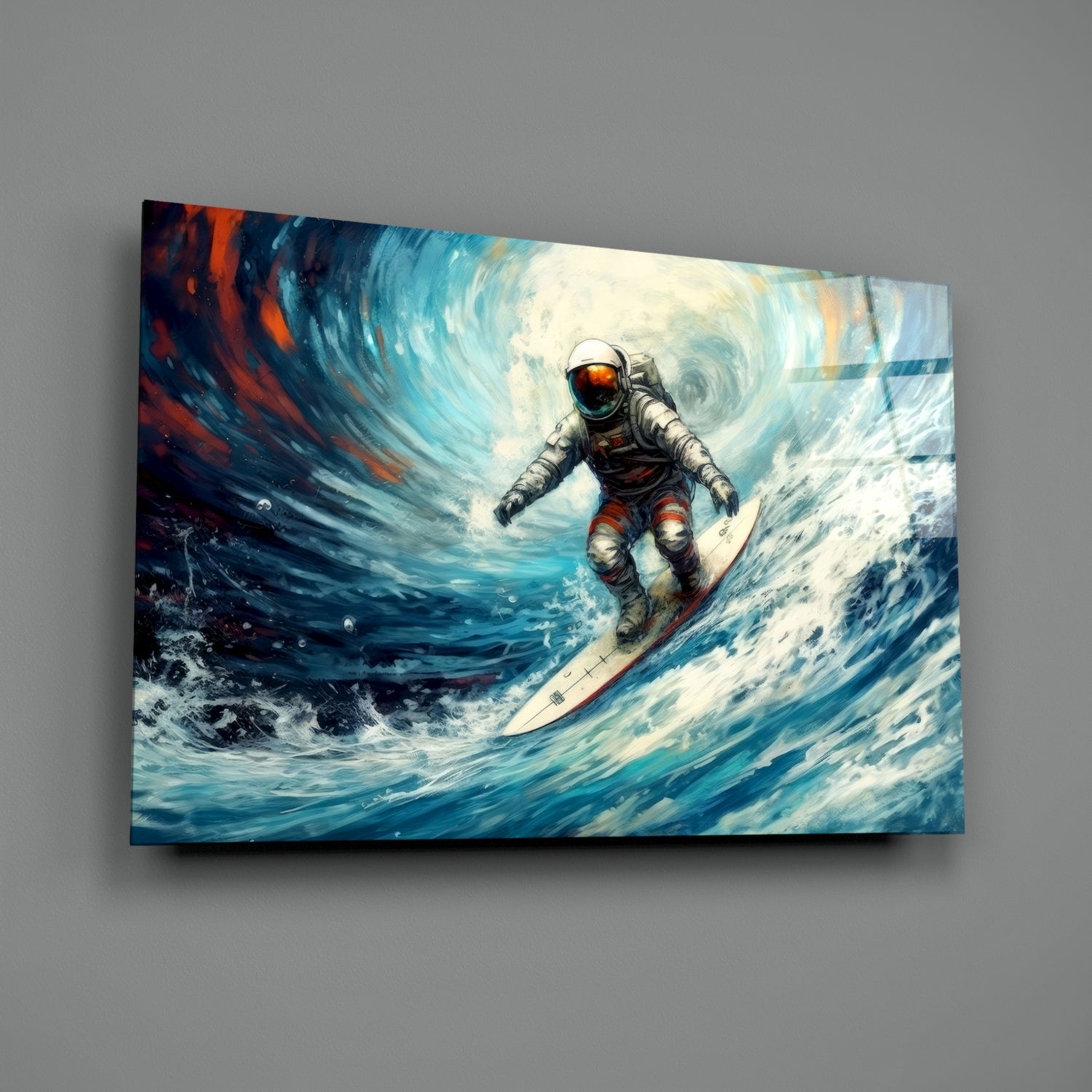 Astronaut surfing a massive wave on a surfboard, painted on glass with blue, white, and orange swirling tones, mounted on gray wall.