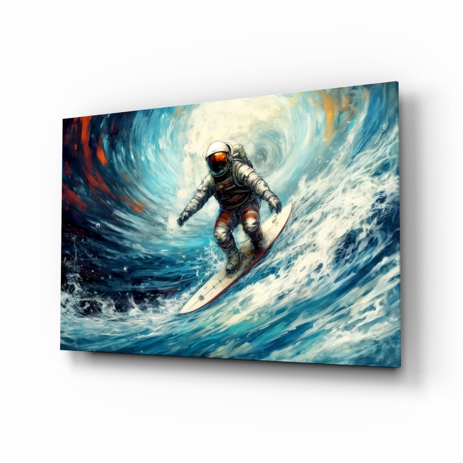 Astronaut surfing a large wave on a blue and white surfboard against swirling sky, displayed as glass wall art at an angle.