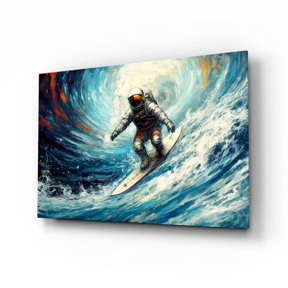 Astronaut surfing a large wave on a blue and white surfboard against swirling sky, displayed as glass wall art at an angle.