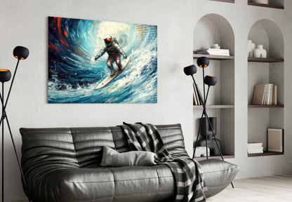 Modern living room with black leather sofa displaying colorful glass wall art of an astronaut surfing through blue waves.