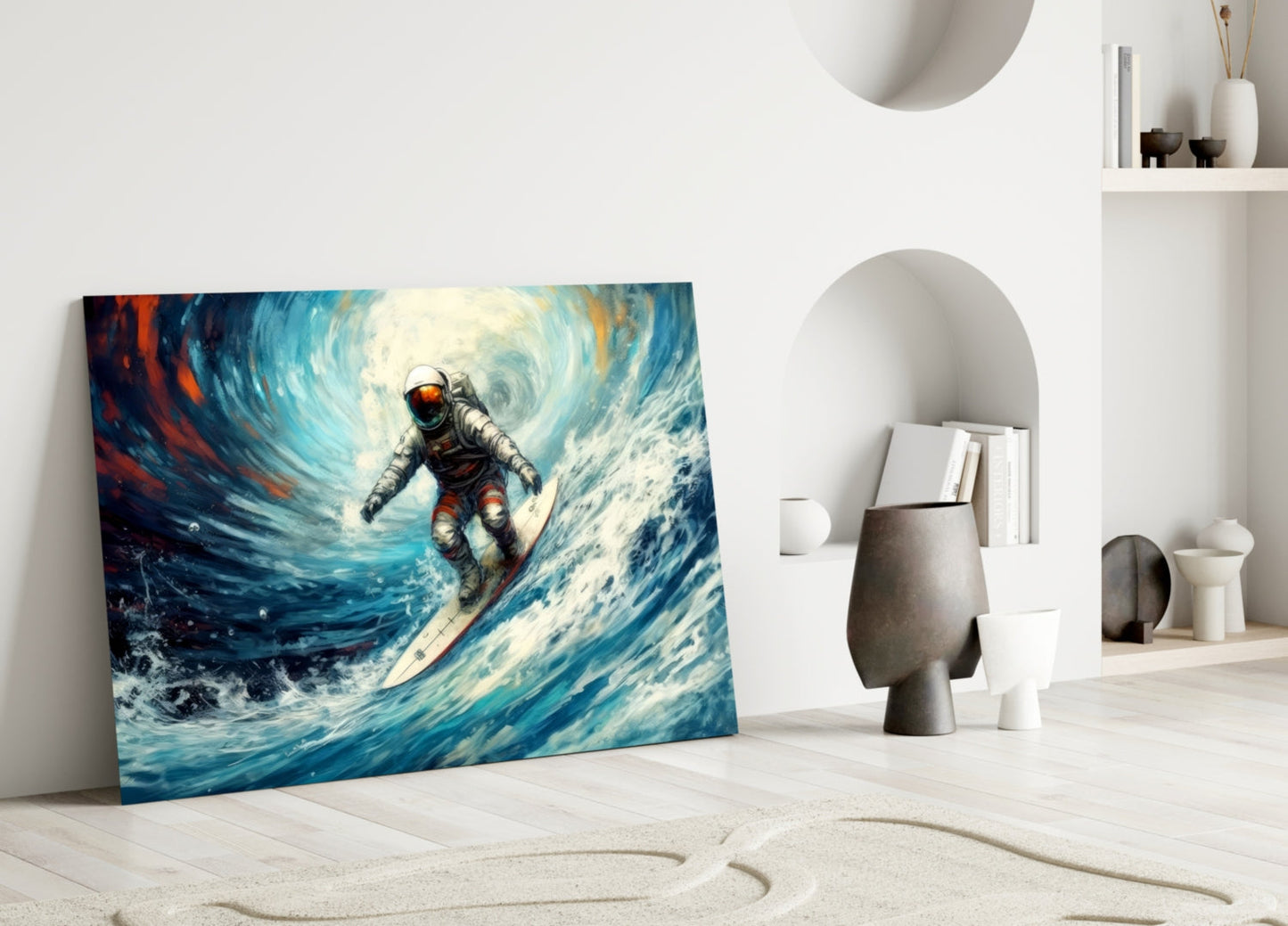 Astronaut surfing a blue and white wave with orange accents, leaning against white wall beside minimalist shelving and decorative objects.