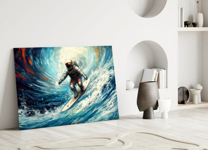 Astronaut surfing a blue and white wave with orange accents, leaning against white wall beside minimalist shelving and decorative objects.