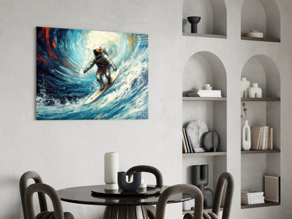 Astronaut surfing a massive blue wave with swirling sky backdrop, displayed above modern dining table with chairs and shelving.