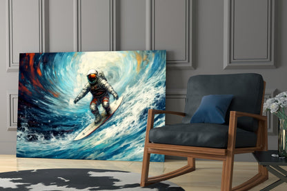 Surfer in spacesuit riding luminous blue wave on glass panel displayed in modern interior with wooden chair.
