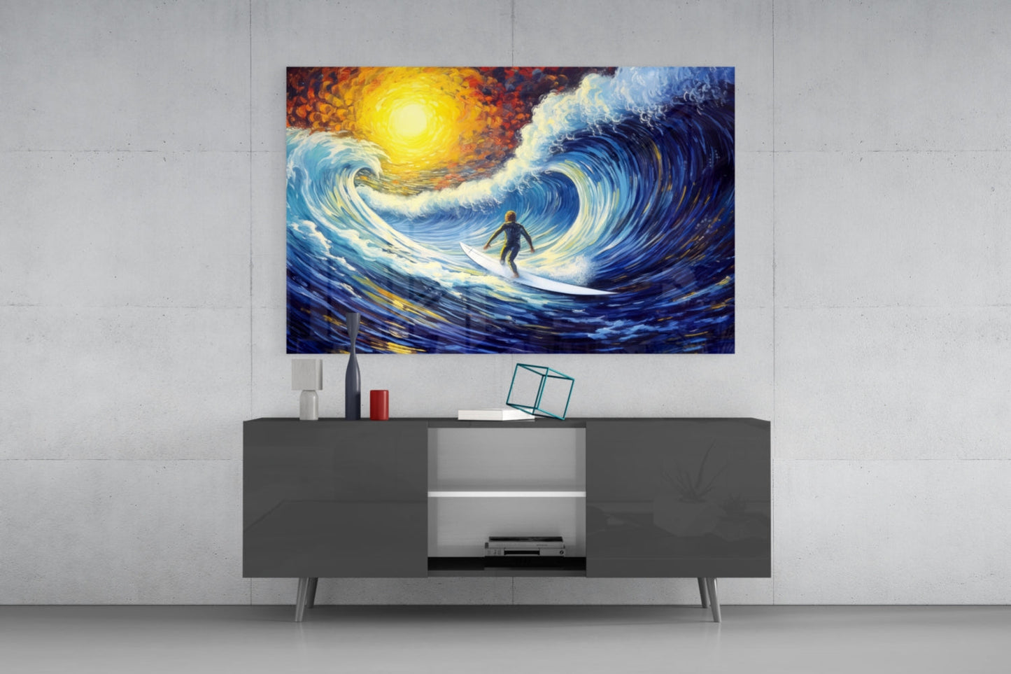 Modern living room with dark media console displaying colorful wave and surfer glass wall art above, featuring blue, yellow, and orange tones.