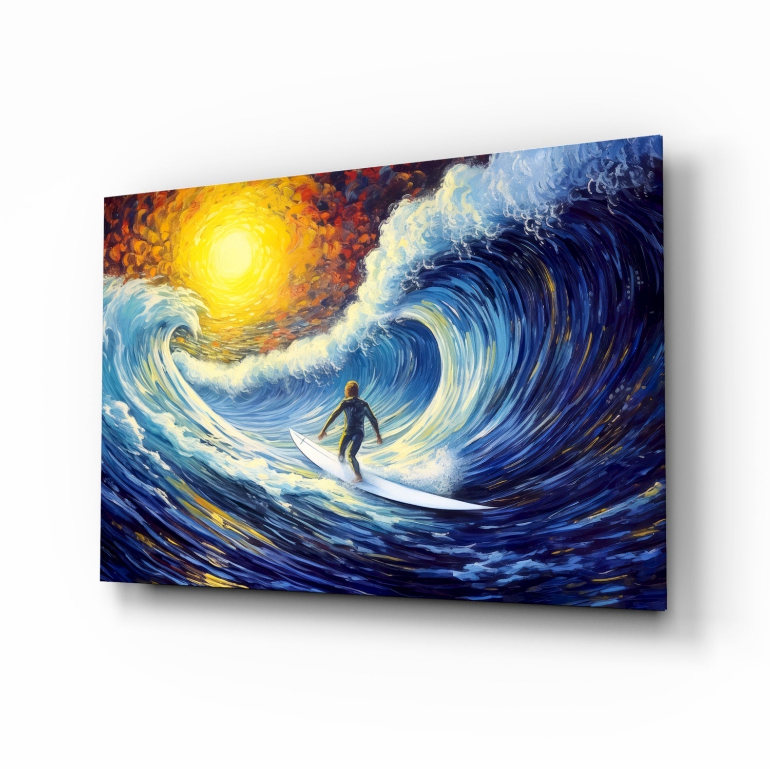 Angled perspective view of glass wall art depicting a surfer riding a massive blue wave beneath a glowing yellow sun in swirling brushstroke style.