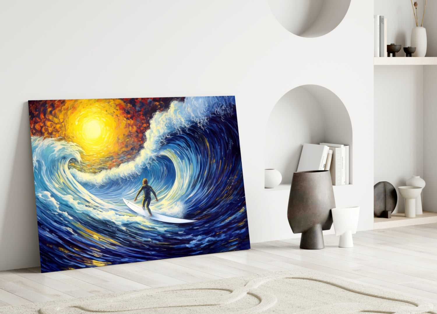 Colorful glass wall art depicting a surfer riding a stylized blue wave with a glowing yellow sun, leaning against a white wall in a minimalist room setting.