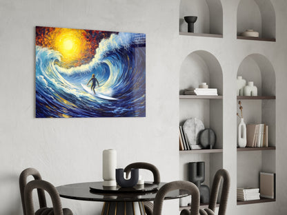 Vibrant glass wall art depicting a surfer riding a swirling blue wave beneath a glowing yellow sun, displayed above a dining table.