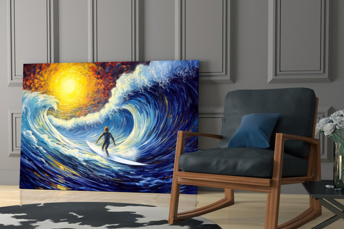 Modern living room with wooden armchair displaying vibrant glass wall art of surfer riding blue wave beneath golden sun.