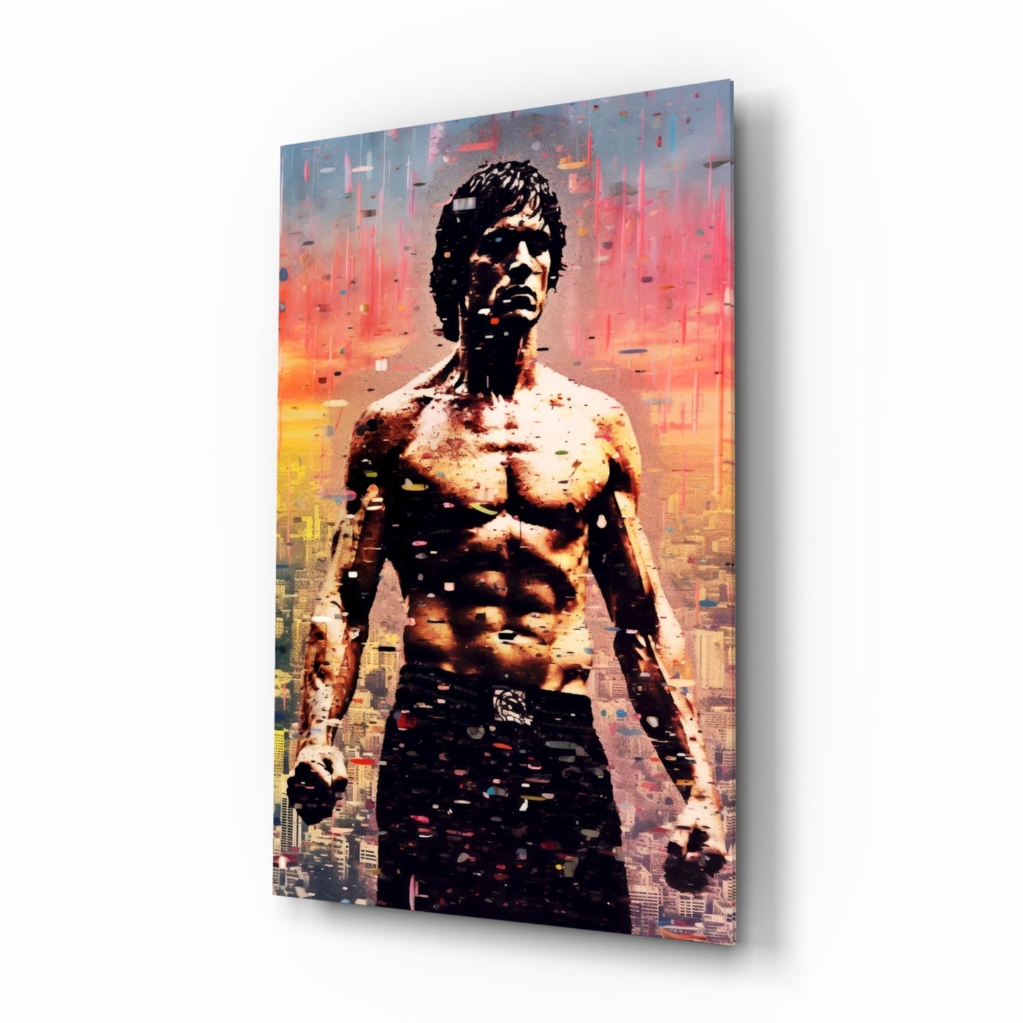 Angled view of glass wall art featuring a shirtless male figure overlaid with warm sunset cityscape colors and pixelated effects.