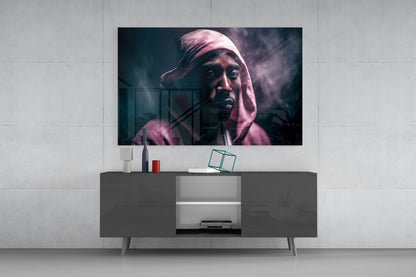 Pink Hood Teal Smoke Rapper Glass Wall Art