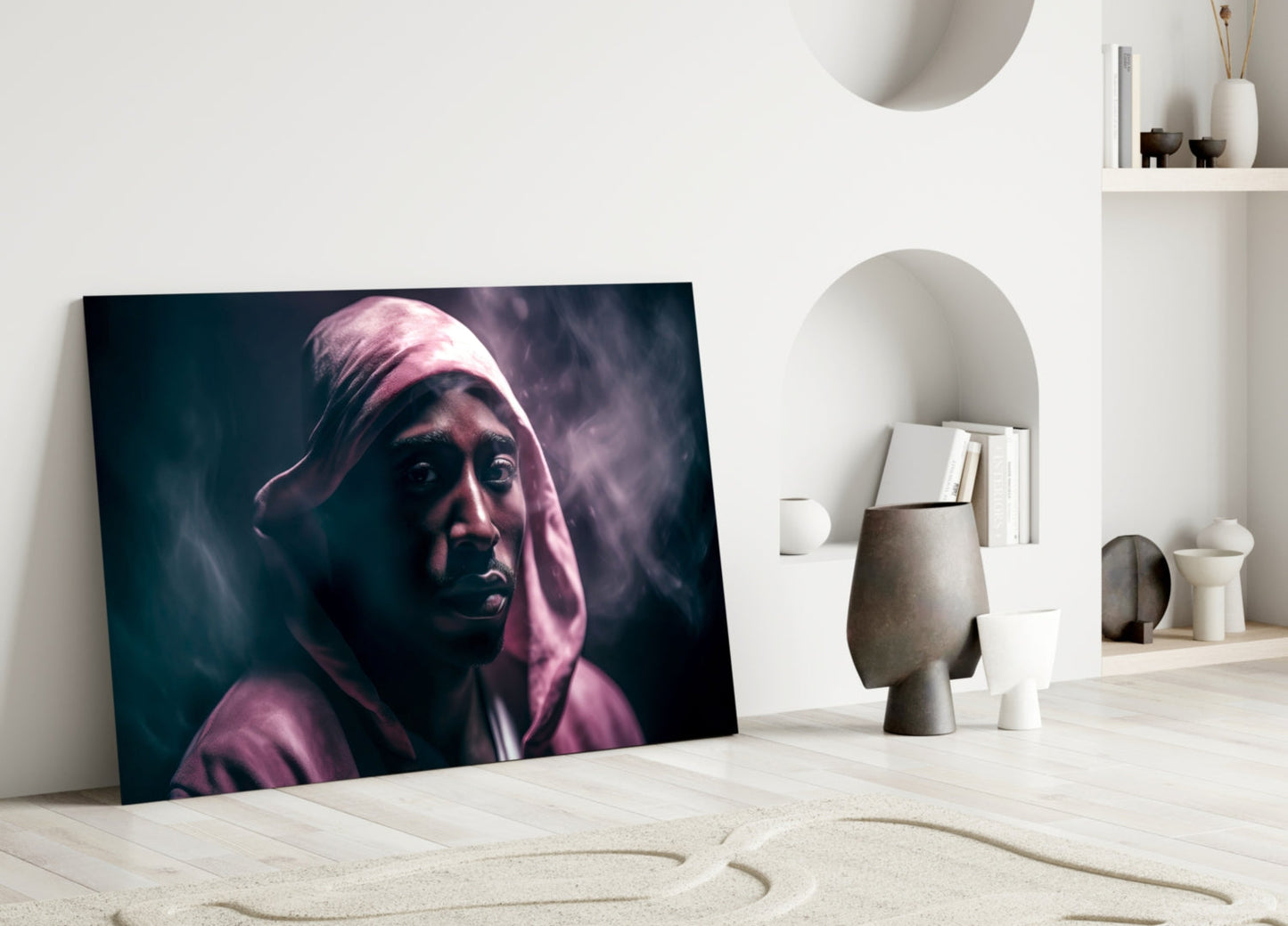 Pink Hood Teal Smoke Rapper Glass Wall Art