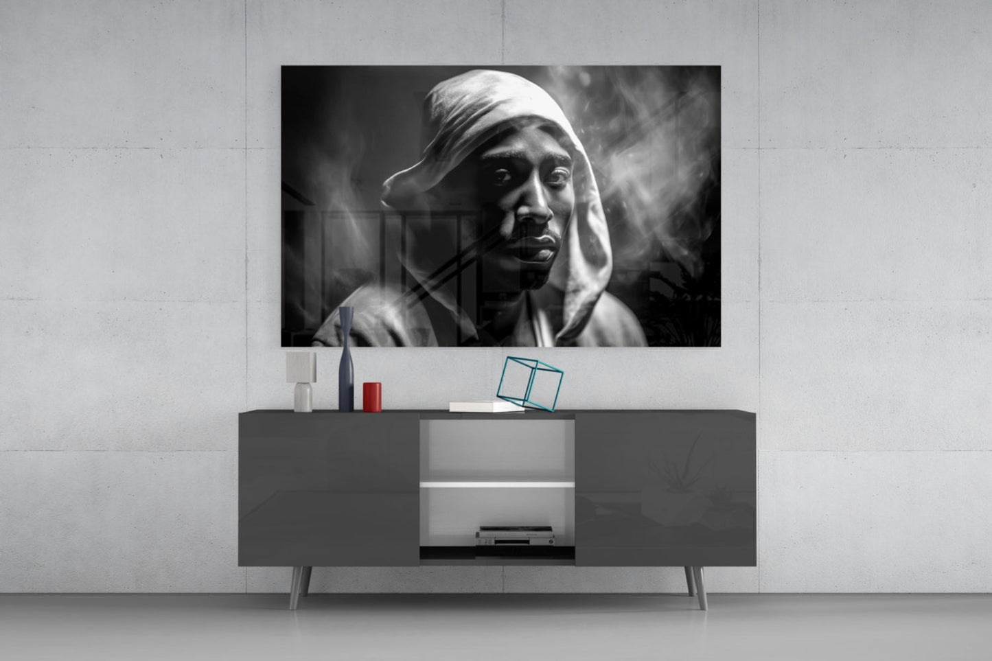 Monochrome Hooded Rapper Portrait Glass Wall Art
