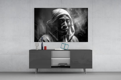 Monochrome Hooded Rapper Portrait Glass Wall Art