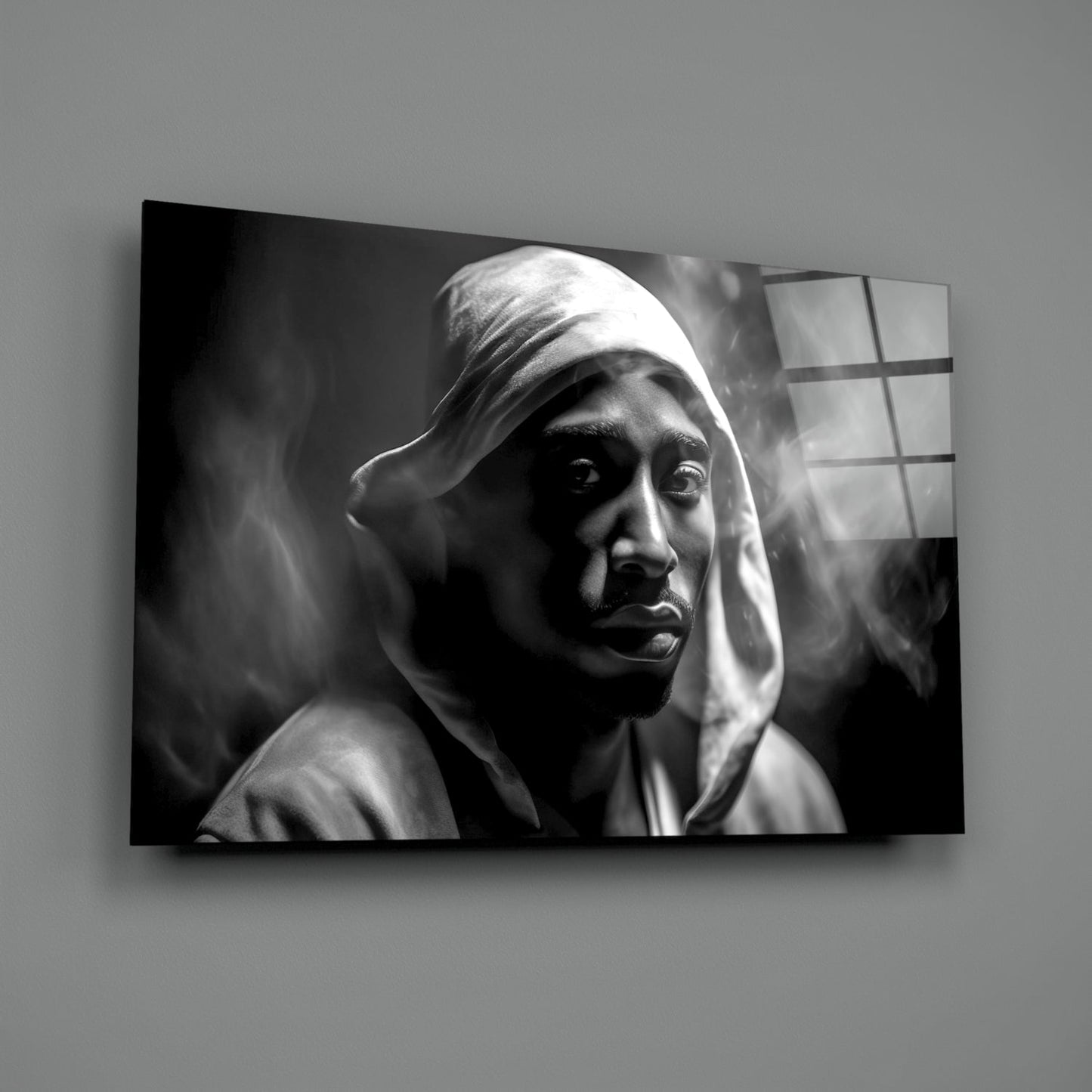 Monochrome Hooded Rapper Portrait Glass Wall Art