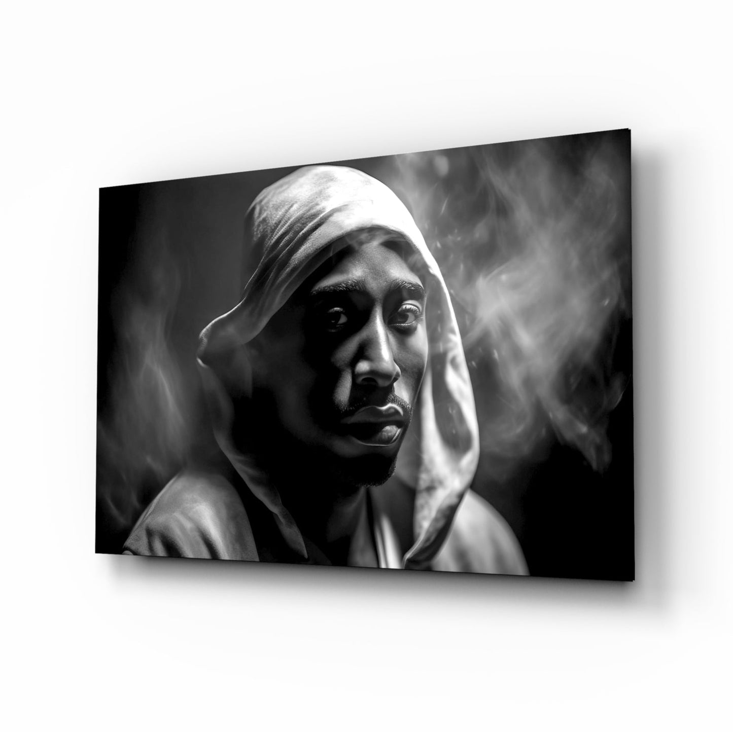 Monochrome Hooded Rapper Portrait Glass Wall Art