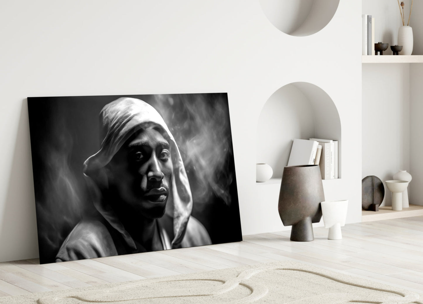 Monochrome Hooded Rapper Portrait Glass Wall Art
