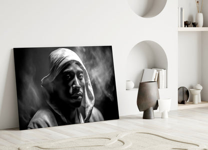 Monochrome Hooded Rapper Portrait Glass Wall Art