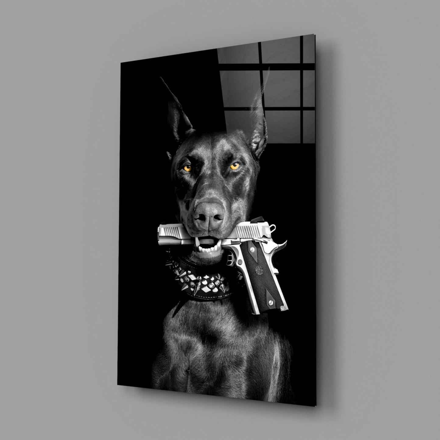 Doberman Holding Silver Pistol Glass Wall Art