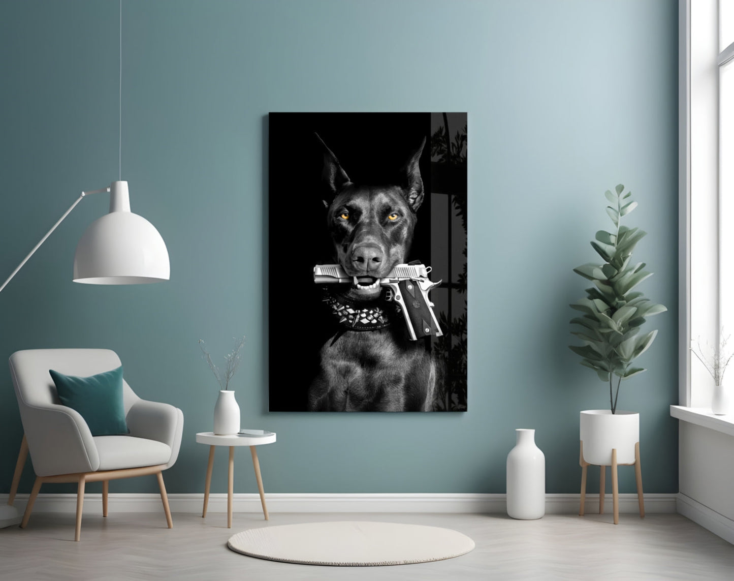 Doberman Holding Silver Pistol Glass Wall Art