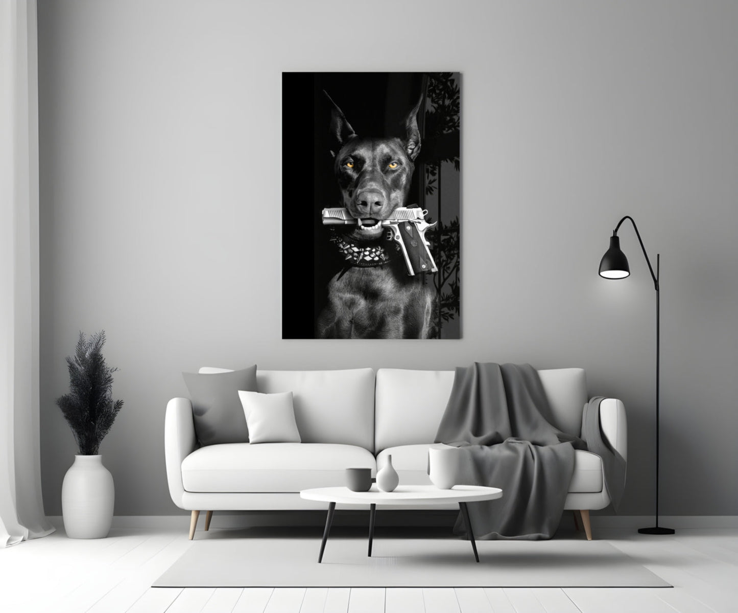 Doberman Holding Silver Pistol Glass Wall Art