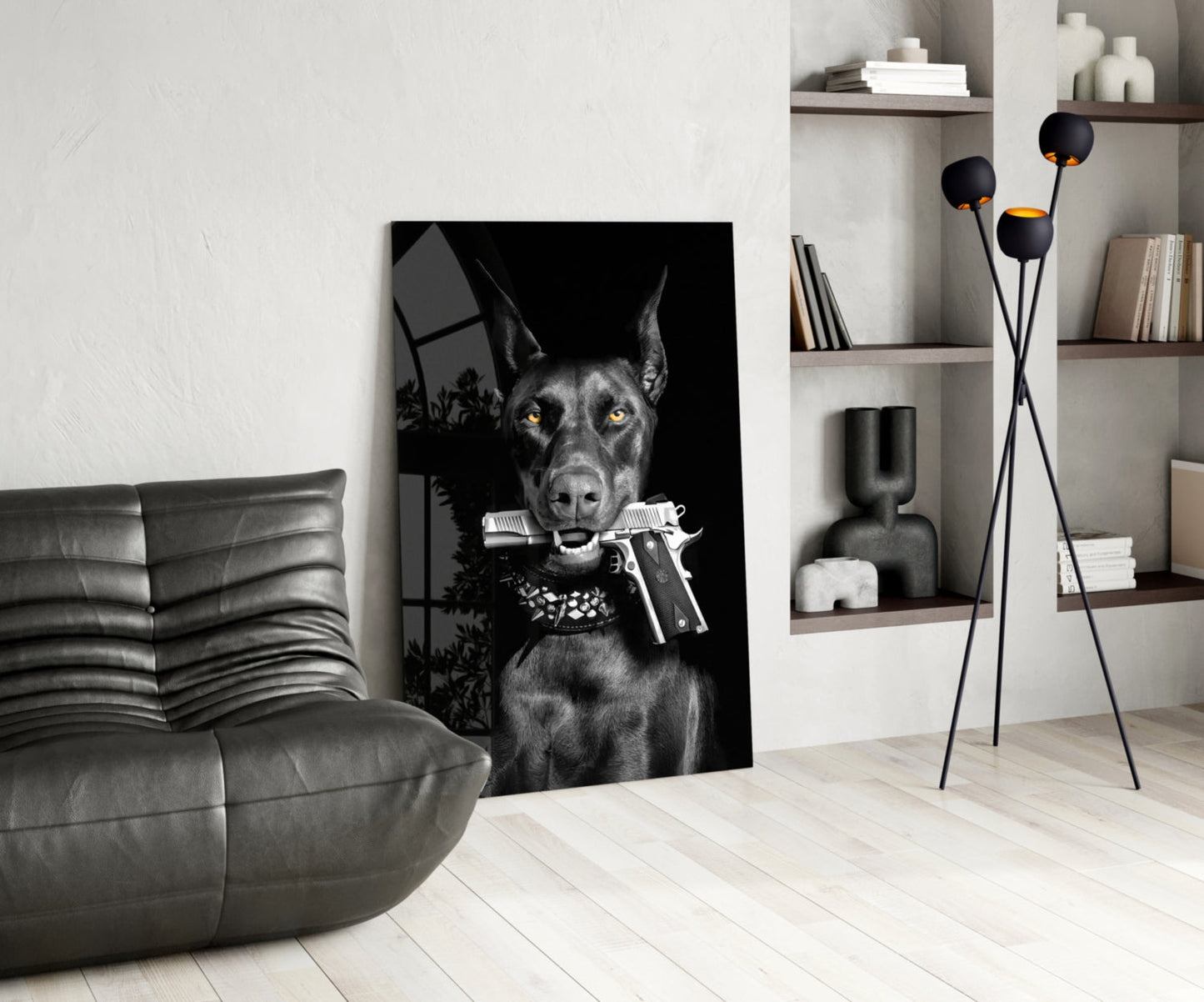 Doberman Holding Silver Pistol Glass Wall Art