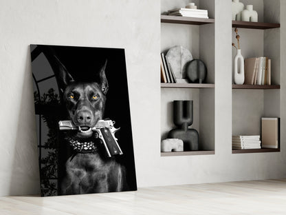 Doberman Holding Silver Pistol Glass Wall Art