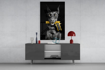 Doberman Holding Gold Pistol Glass Wall Art