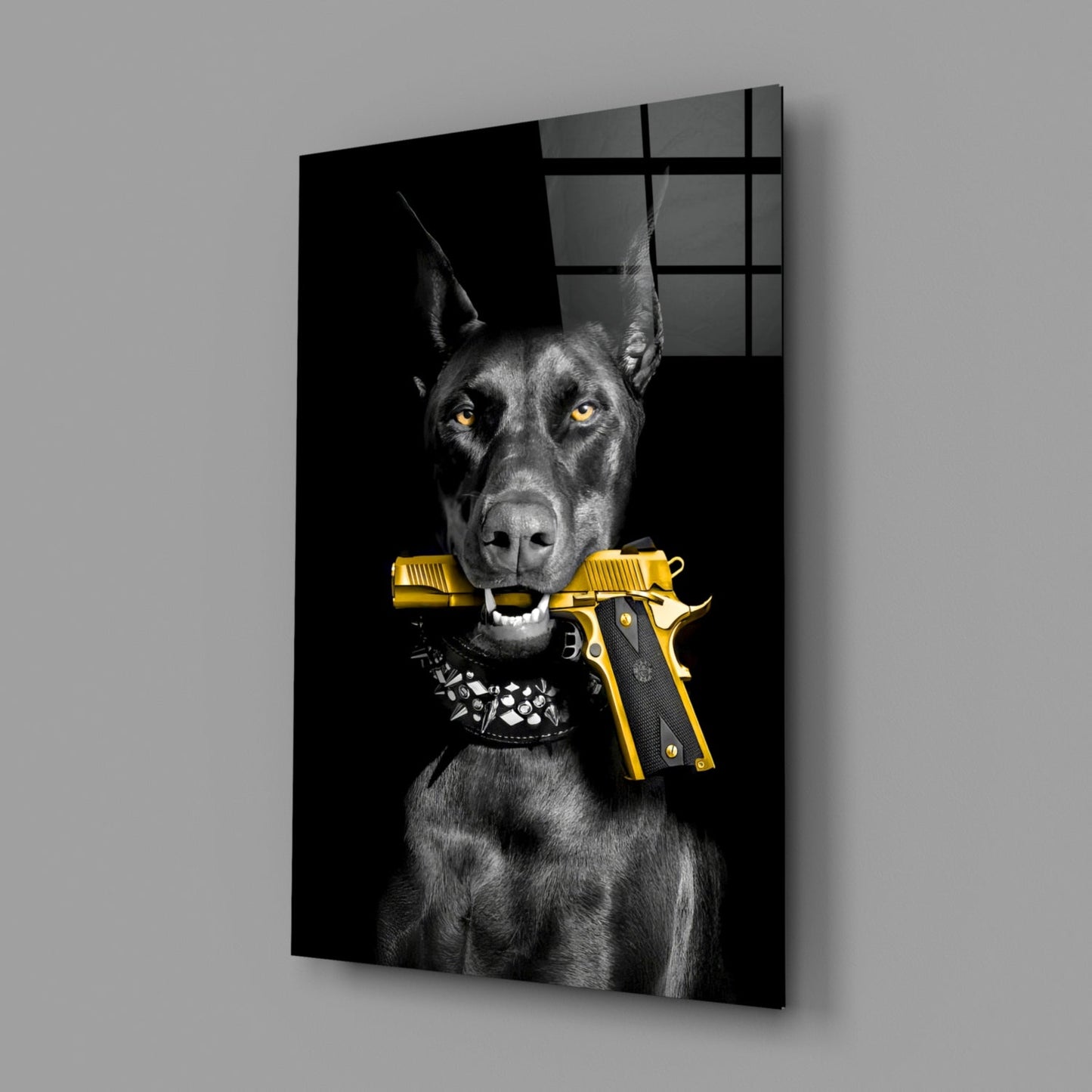 Doberman Holding Gold Pistol Glass Wall Art