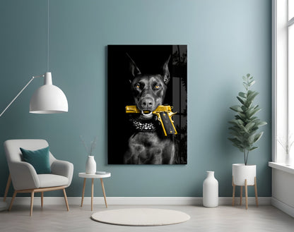 Doberman Holding Gold Pistol Glass Wall Art